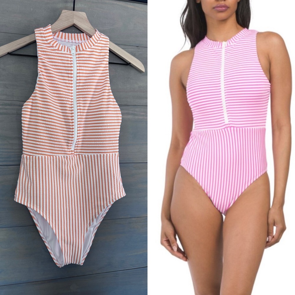 Splendid Womens ORANGE Seersucker Stripe Zip Front One Piece Swimsuit Sleeveless